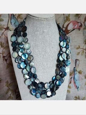 Iridescent Blue Disk Shell Mother of Pearl 5 Strand Heavy Necklace Silver Tone